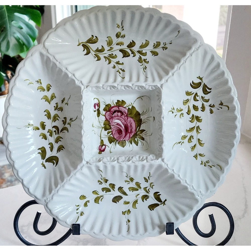 Beautiful Vtg Italian Made Hand Painted Red Rose Divided Platter, Numbered